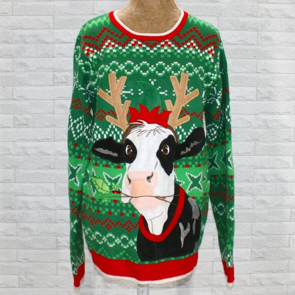 HOLIDAY TIME Sweater Christmas Ugly Velour Cow Reindeer Antler Green Unisex M - Picture 1 of 11